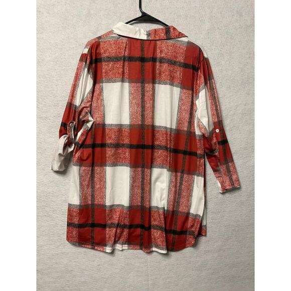 Ninedaily Shirt Womens 2XL Red White Plaid Button Up Tunic Top Pockets Casual - Picture 6 of 6